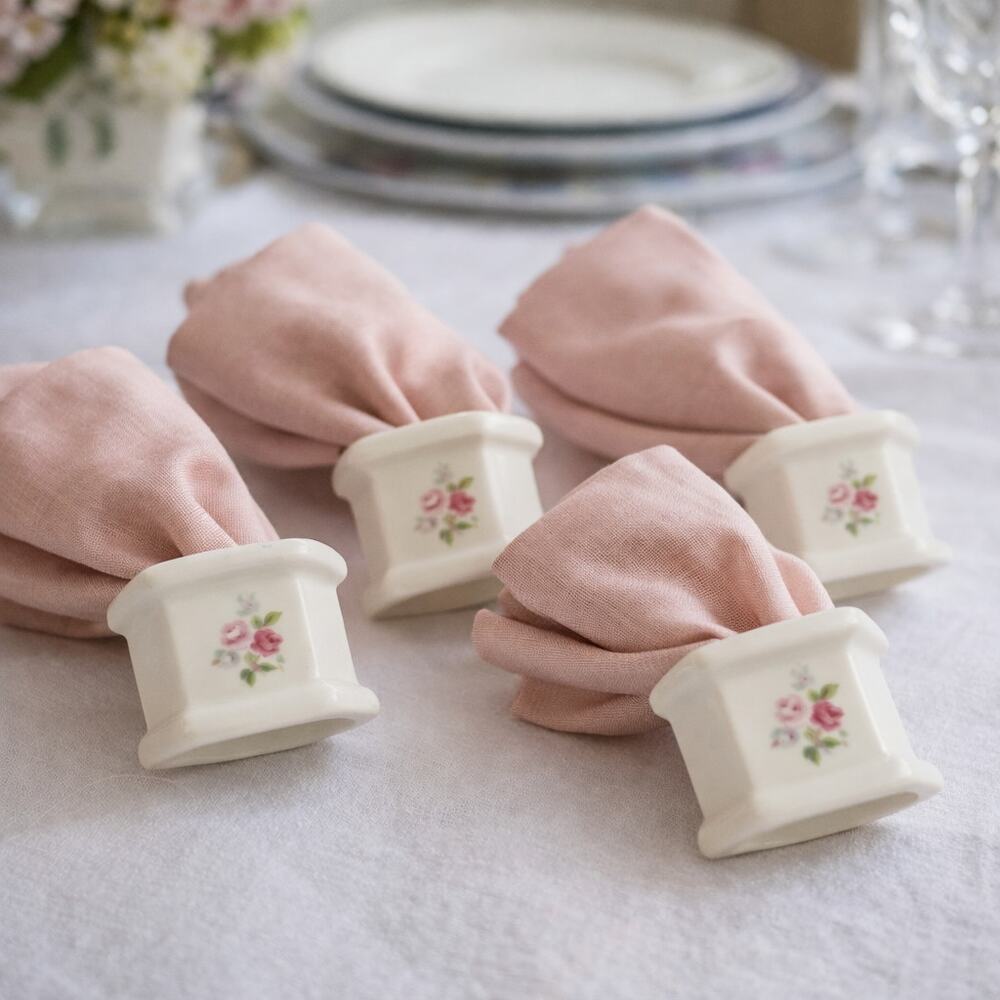 Vintage Set of 8 Cream Porcelain Pink Rose Cottage-core Napkin Rings